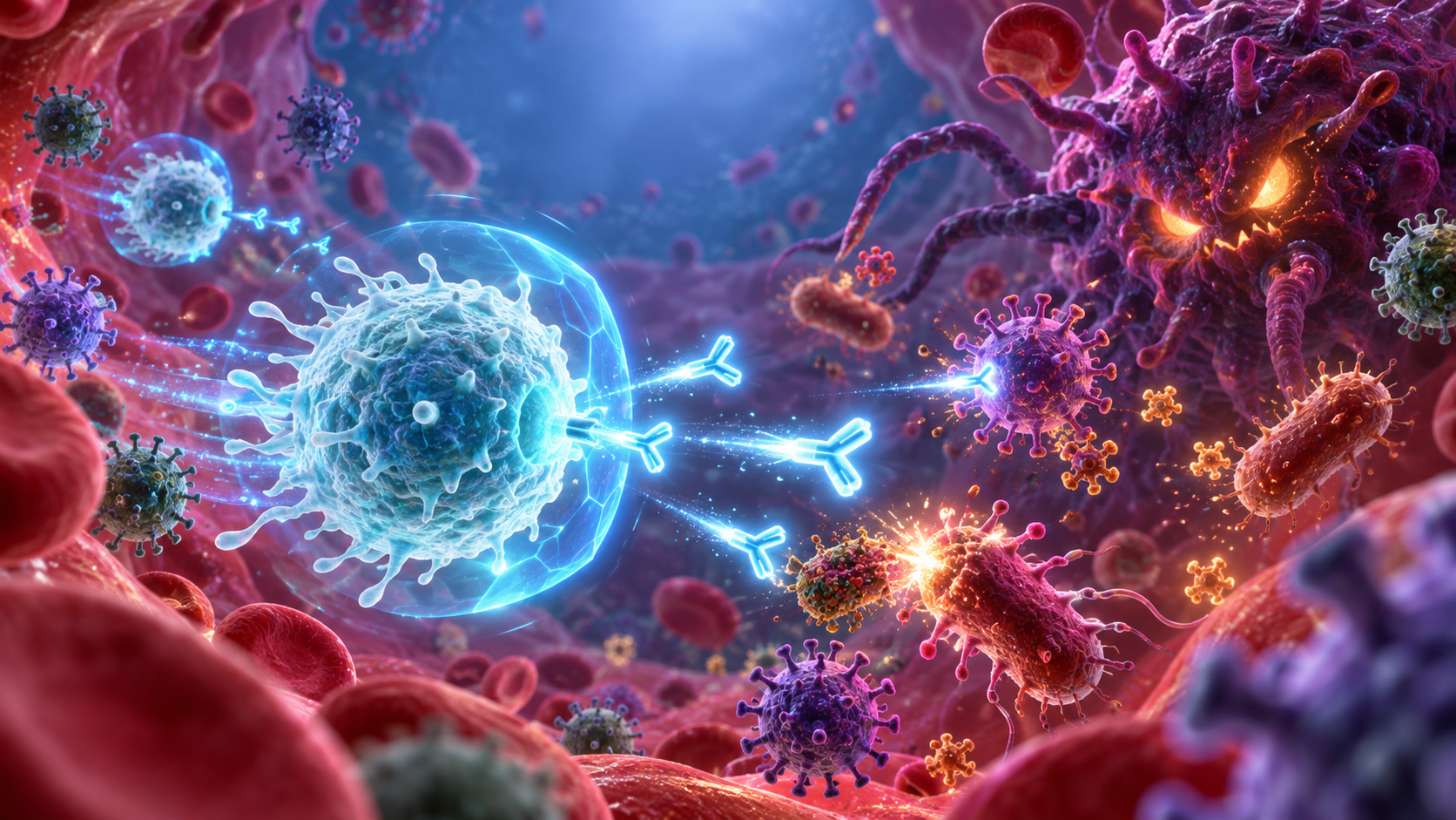 A glowing defender cell surrounded by microscopic invaders