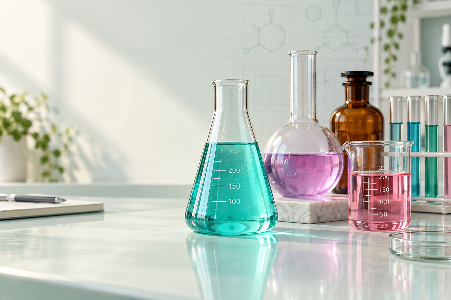 Colorful glass flasks and test tubes on a laboratory bench