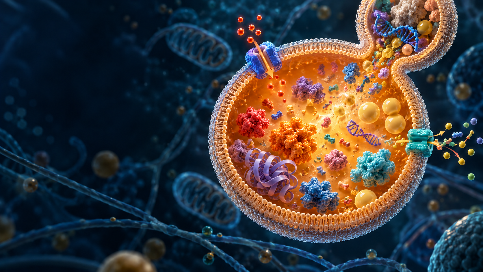 Illustrated cutaway of an acidic lysosome with digestive cargo
