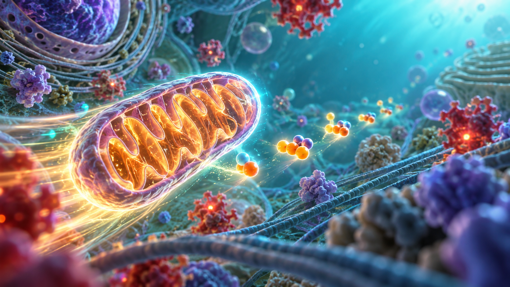 A glowing mitochondrion racing through a microscopic cell