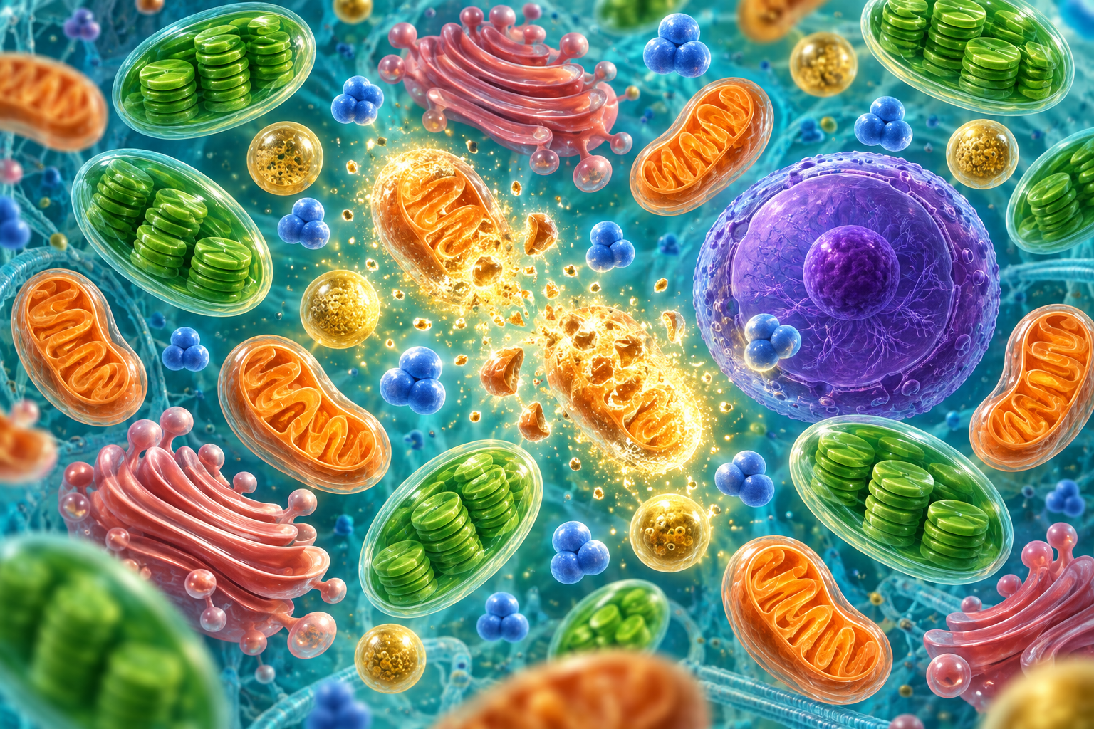 Detailed mitochondria, chloroplasts, a nucleus and Golgi stacks floating in turquoise cytoplasm