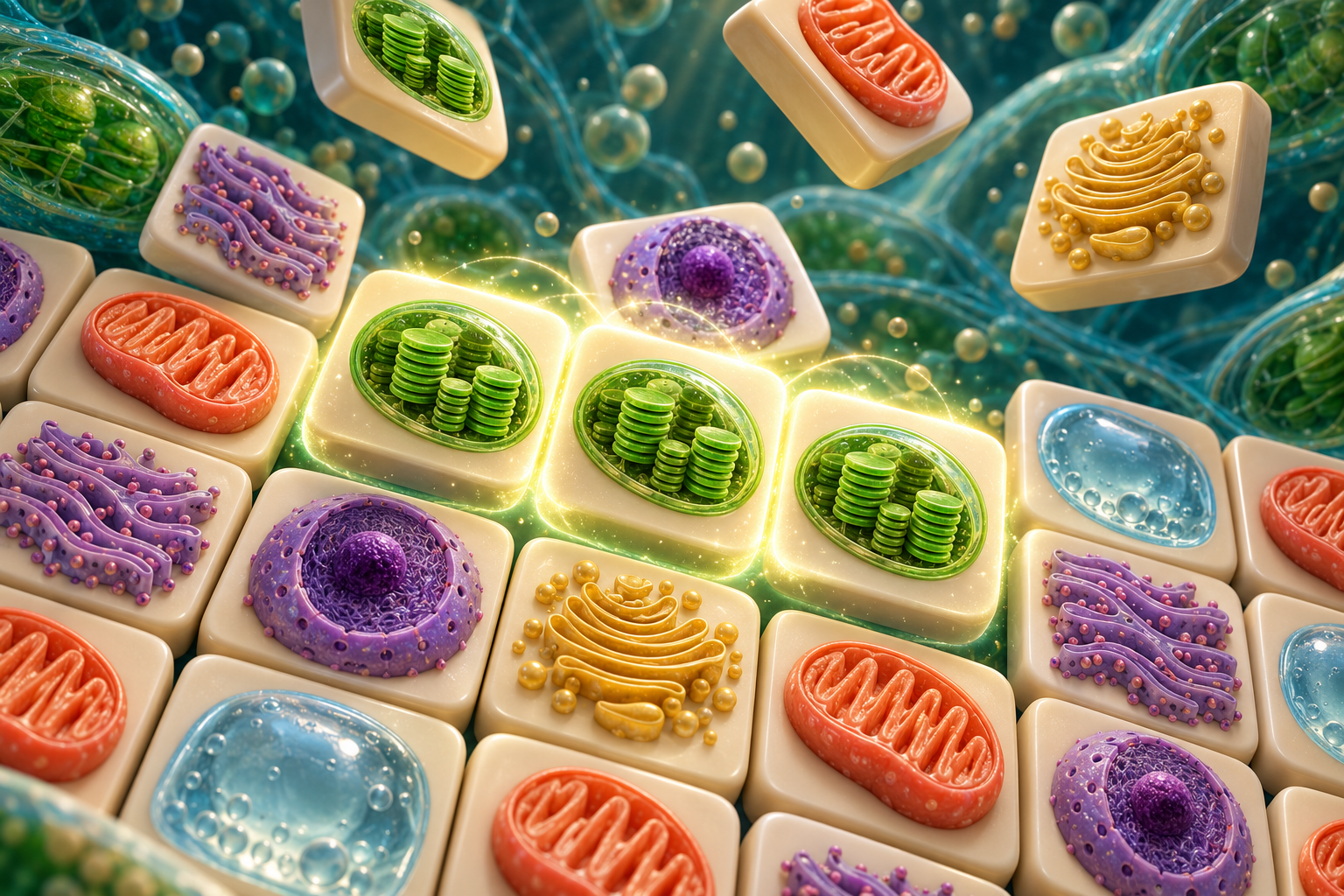 Detailed organelle miniatures on matching puzzle tiles, including chloroplasts and mitochondria