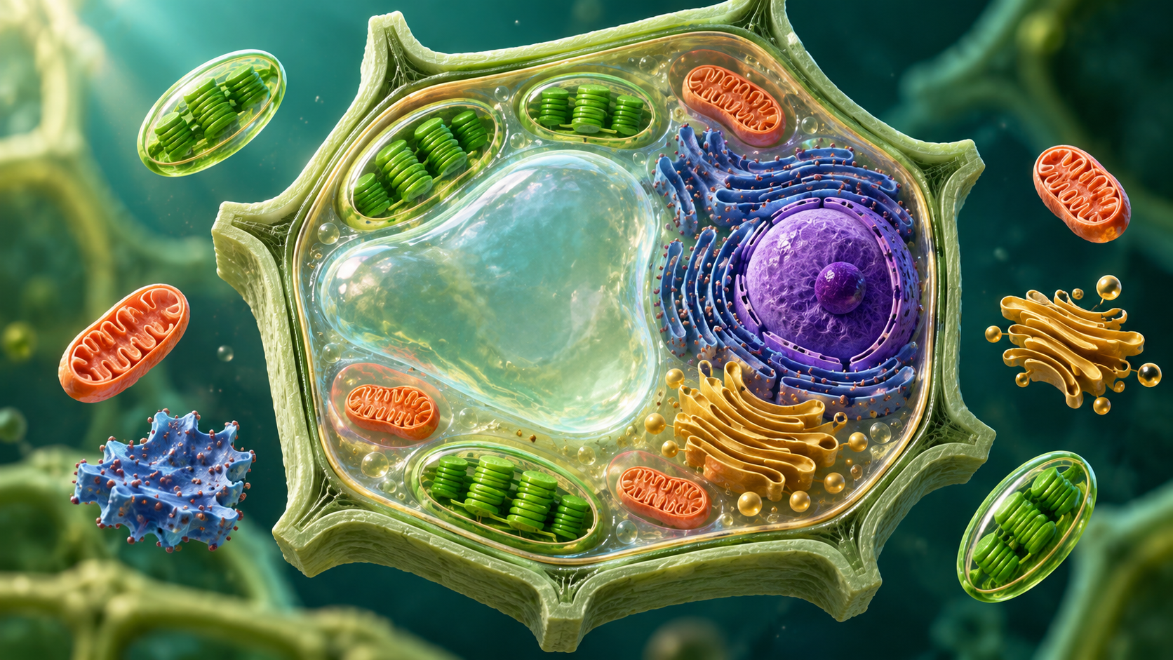 Plant cell cutaway with green chloroplasts, a purple nucleus and a large central vacuole