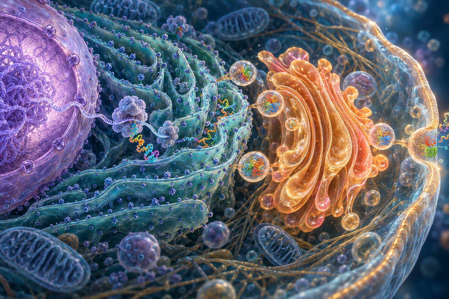 A microscopic cell with a nucleus, rough ER, Golgi and protein-filled vesicles