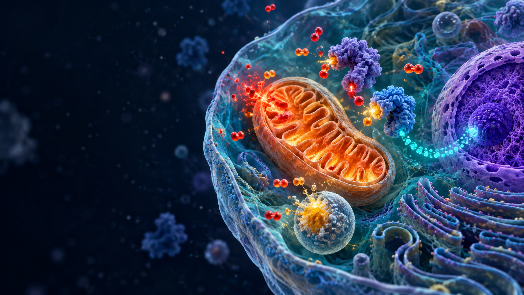Illustrated cell with mitochondrion, peroxisome and antioxidant enzyme proteins