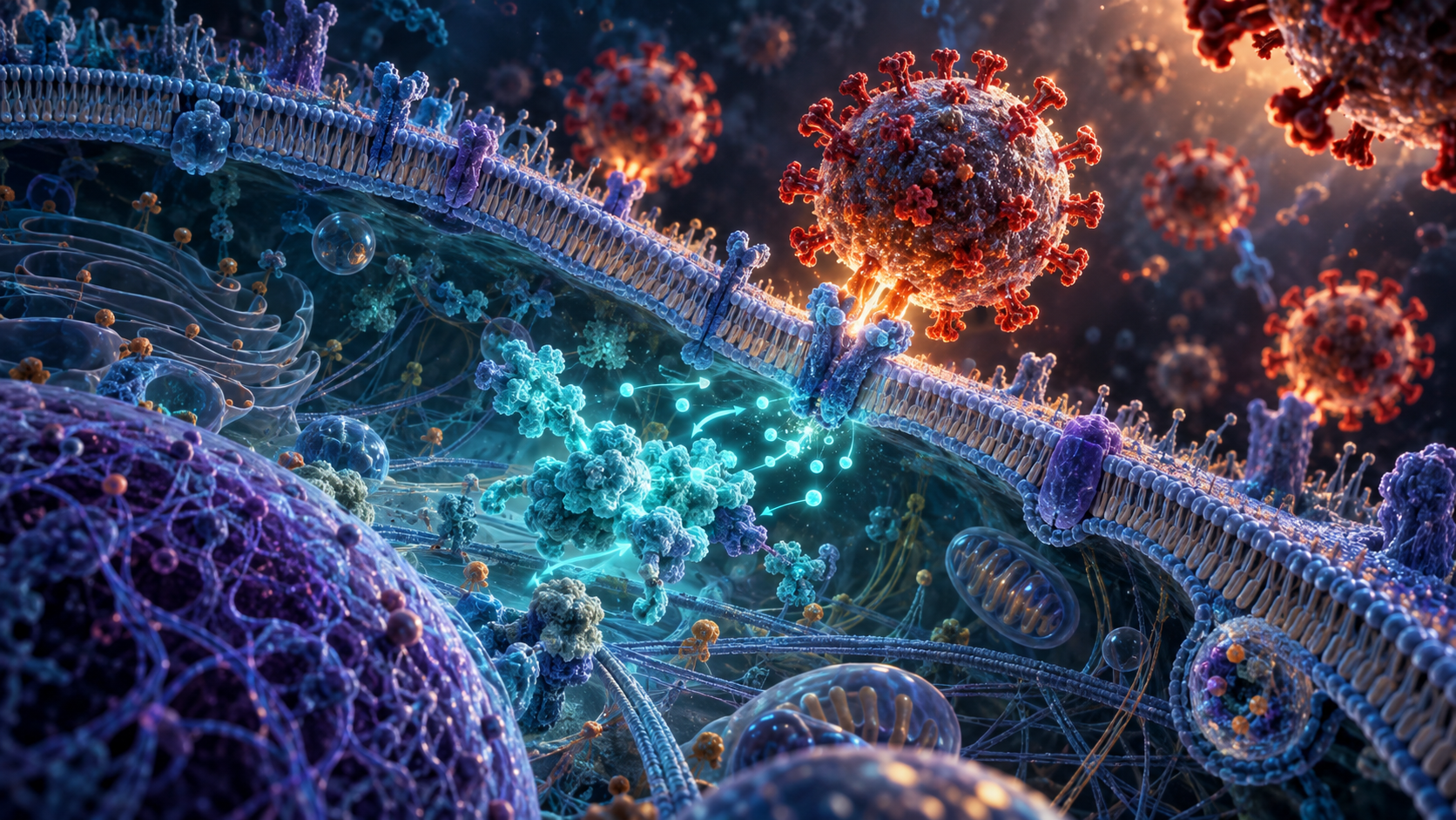 A living cell defending itself from colorful viral particles
